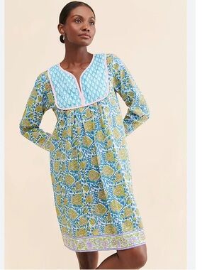 SZ Blockprints Dress Jaipur Mini in Cornflower Blue & Pop Green Floral
